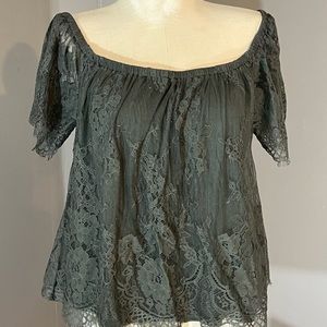 American Eagle Medium Green Lace Off Shoulder Top